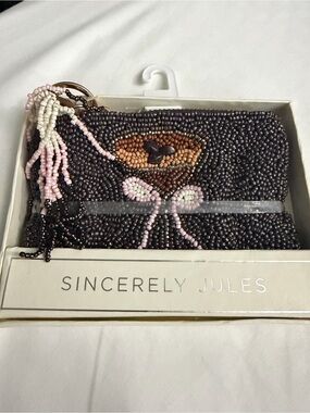Sincerely Jules Espresso Martini Black Beaded Floral Clutch with Pink Tassel